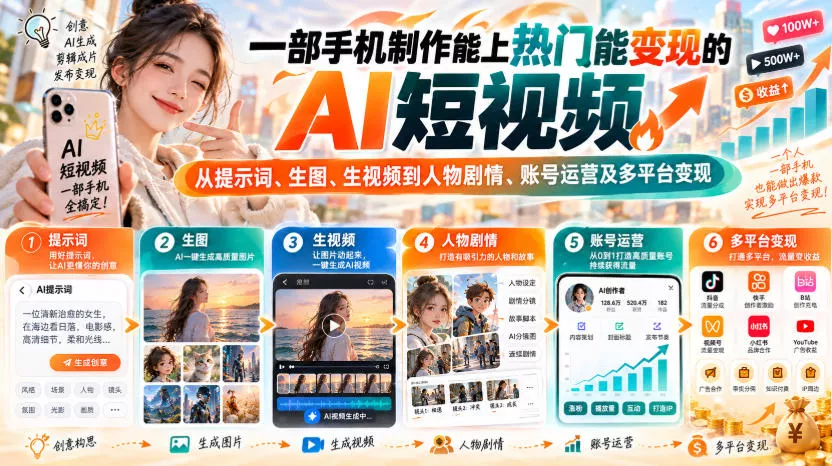 【无水印】一部手机制作能上热门能变现的AI短视频，从提示词、生图、生视频到人物剧情、账号运营及多平台变现 - 来及网络