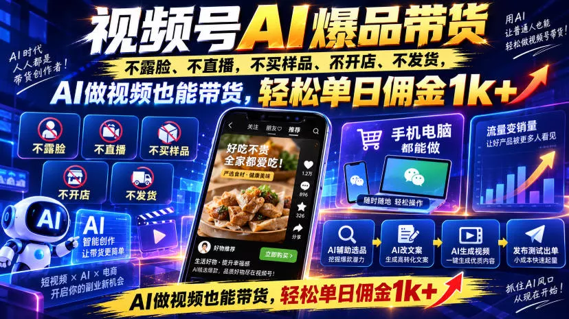 视频号Ai爆品带货，不露脸、不直播、不买样品、不开店、不发货，AI做视频也能带货，轻松单日佣金1k+ - 来及网络