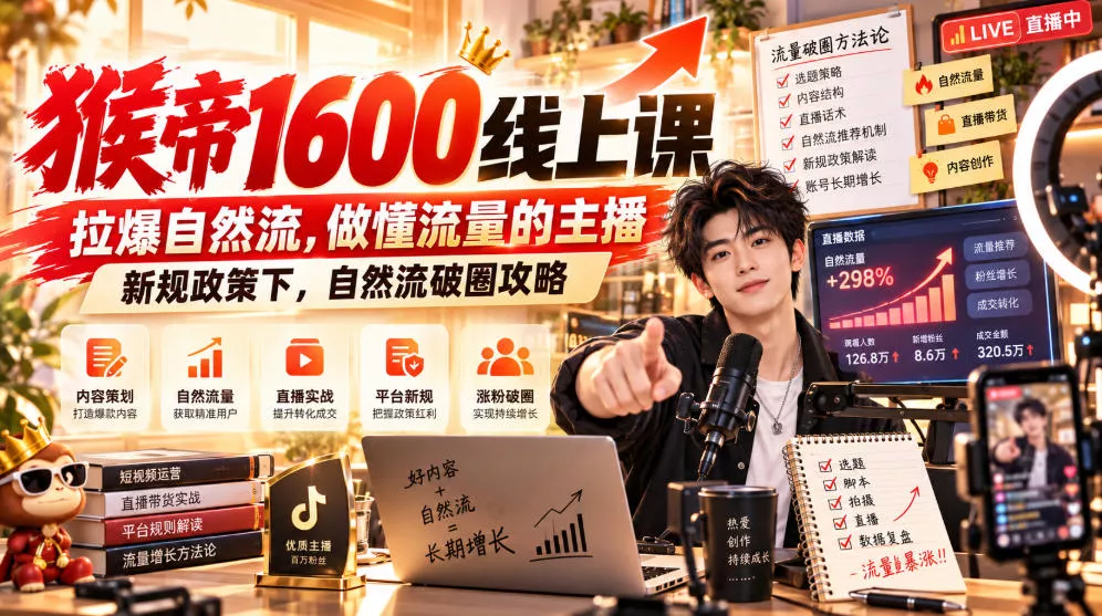 猴帝1600线上课，拉爆自然流，做懂流量的主播，新规政策下，自然流破圈攻略【更新261017】 - 来及网络