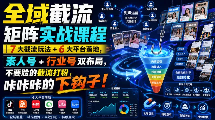 全域截流矩阵实战课程｜7大截流玩法+6大平台落地，素人号+行业号双布局，不要脸的截流打粉，咔咔咔的下钩子！ - 来及网络