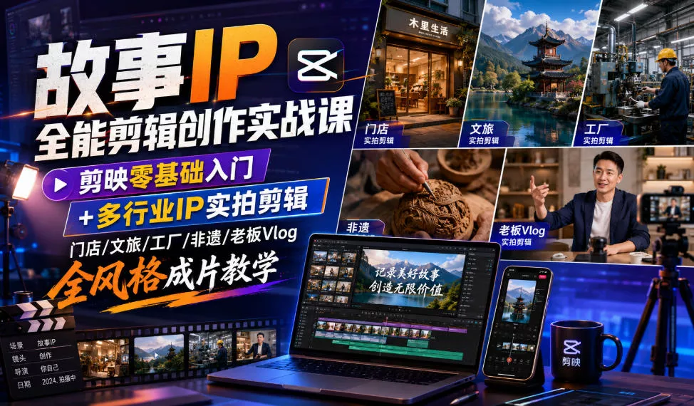 故事IP全能剪辑创作实战课｜剪映零基础入门+多行业IP实拍剪辑，门店/文旅/工厂/非遗/老板Vlog全风格成片教学 - 来及网络