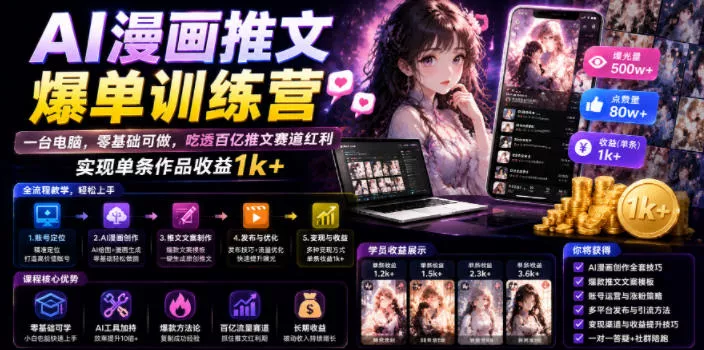 AI漫画推文爆单训练营，一台电脑，零基础可做，吃透百亿推文赛道红利，实现单条作品收益1k+ - 来及网络