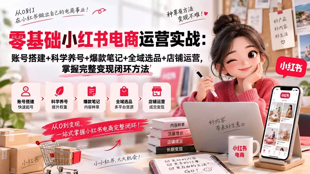 零基础小红书电商运营实战：账号搭建+科学养号+爆款笔记+全域选品+店铺运营，掌握完整变现闭环方法 - 来及网络