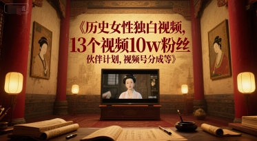 历史女性独白视频，13个视频10w粉丝，伙伴计划，视频号分成等 - 来及网络
