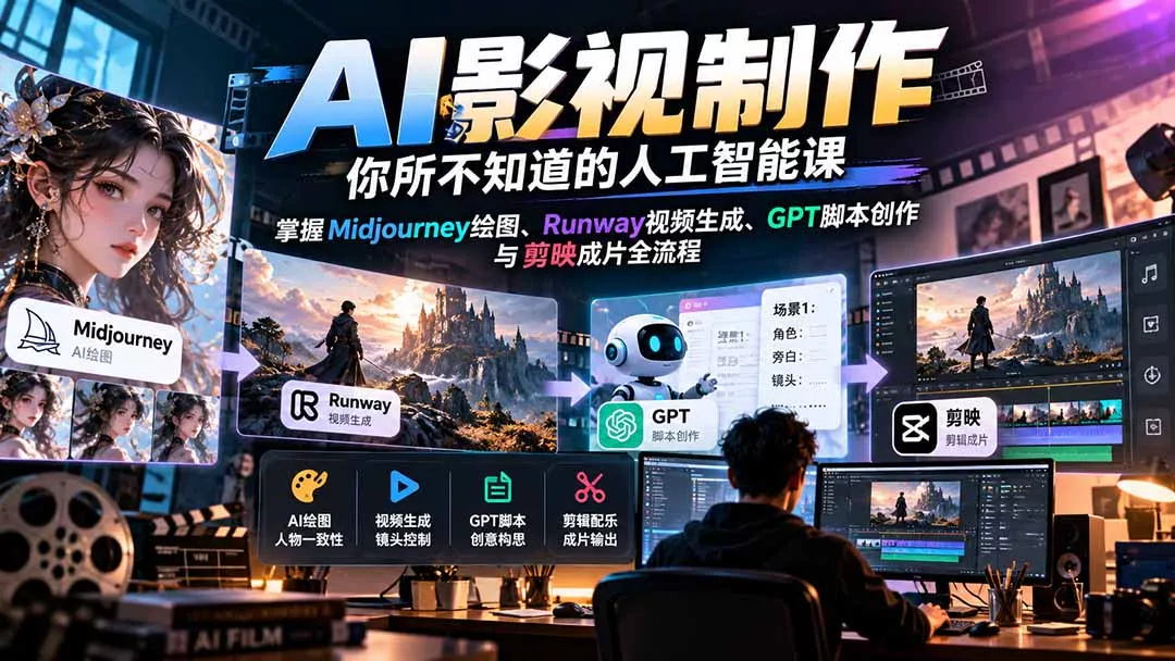 【无水印】AI影视制作-你所不知道的人工智能课，掌握Midjourney绘图、Runway视频生成、GPT脚本创作与剪映成片全流程 - 来及网络