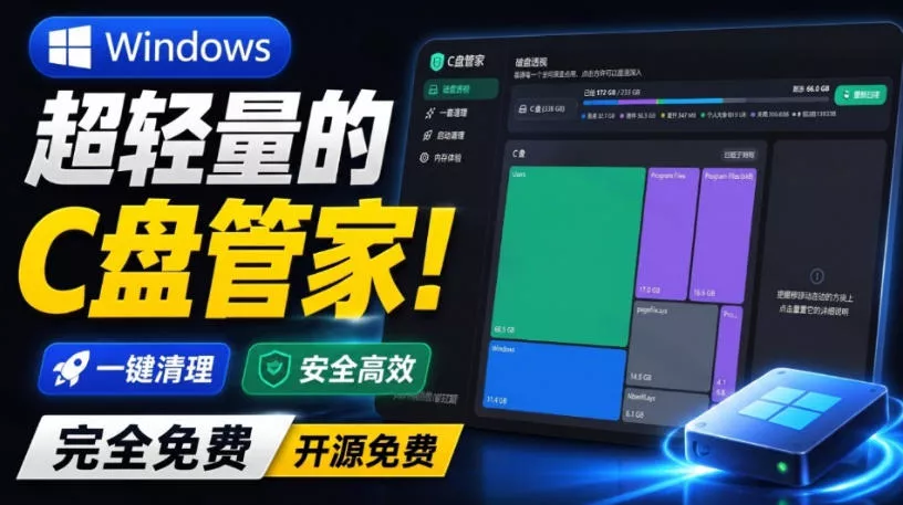 Windows超轻量的C盘管家！超级有特点，支持磁盘分析及清理提醒，2M大小体积，完全免费C盘管家 - 来及网络