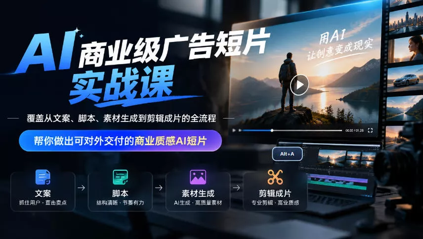 AI商业级广告短片实战课，覆盖从文案、脚本、素材生成到剪辑成片的全流程，帮你做出可对外交付的商业质感AI短片 - 来及网络