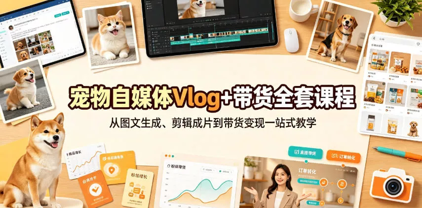宠物自媒体Vlog+带货全套课程｜从图文生成、剪辑成片到带货变现一站式教学 - 来及网络