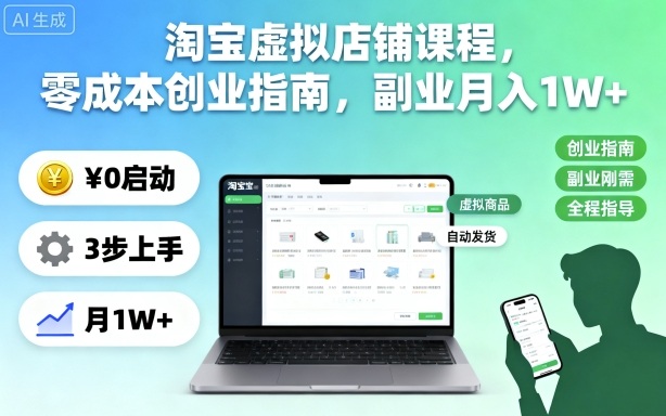 淘宝虚拟店铺课程，零成本创业指南，副业月入1W+ - 来及网络