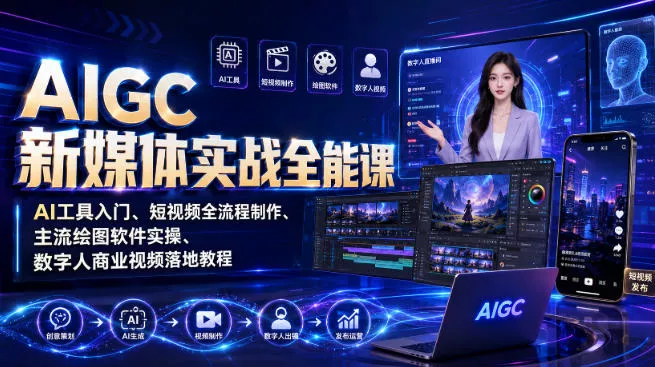 AIGC新媒体实战全能课｜AI工具入门、短视频全流程制作、主流绘图软件实操、数字人商业视频落地教程 - 来及网络