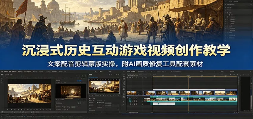 沉浸式历史互动游戏视频创作教学：文案配音剪辑蒙版实操，附AI画质修复工具配套素材 - 来及网络