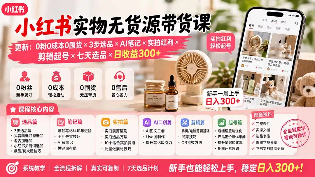 小红书实物无货源带货课-更新：0粉0成本0囤货×3步选品×AI笔记×实拍红利×剪辑起号×七天选品×日收益300+ - 来及网络