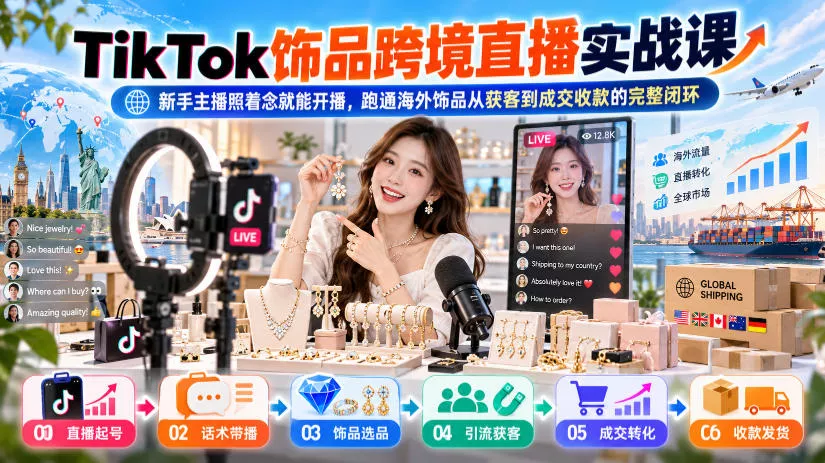 TikTok饰品跨境直播实战课，新手主播照着念就能开播，跑通海外饰品从获客到成交收款的完整闭环 - 来及网络