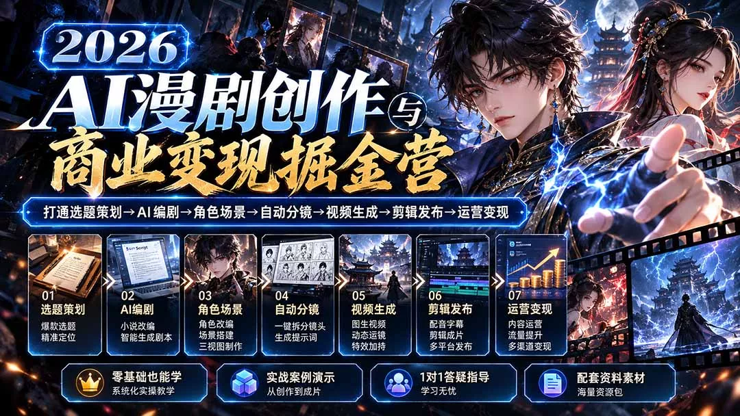 【无水印】2026AI漫剧创作与商业变现掘金营：打通选题→AI编剧→角色场景→自动分镜→视频生成→剪辑发布→运营变现 - 来及网络