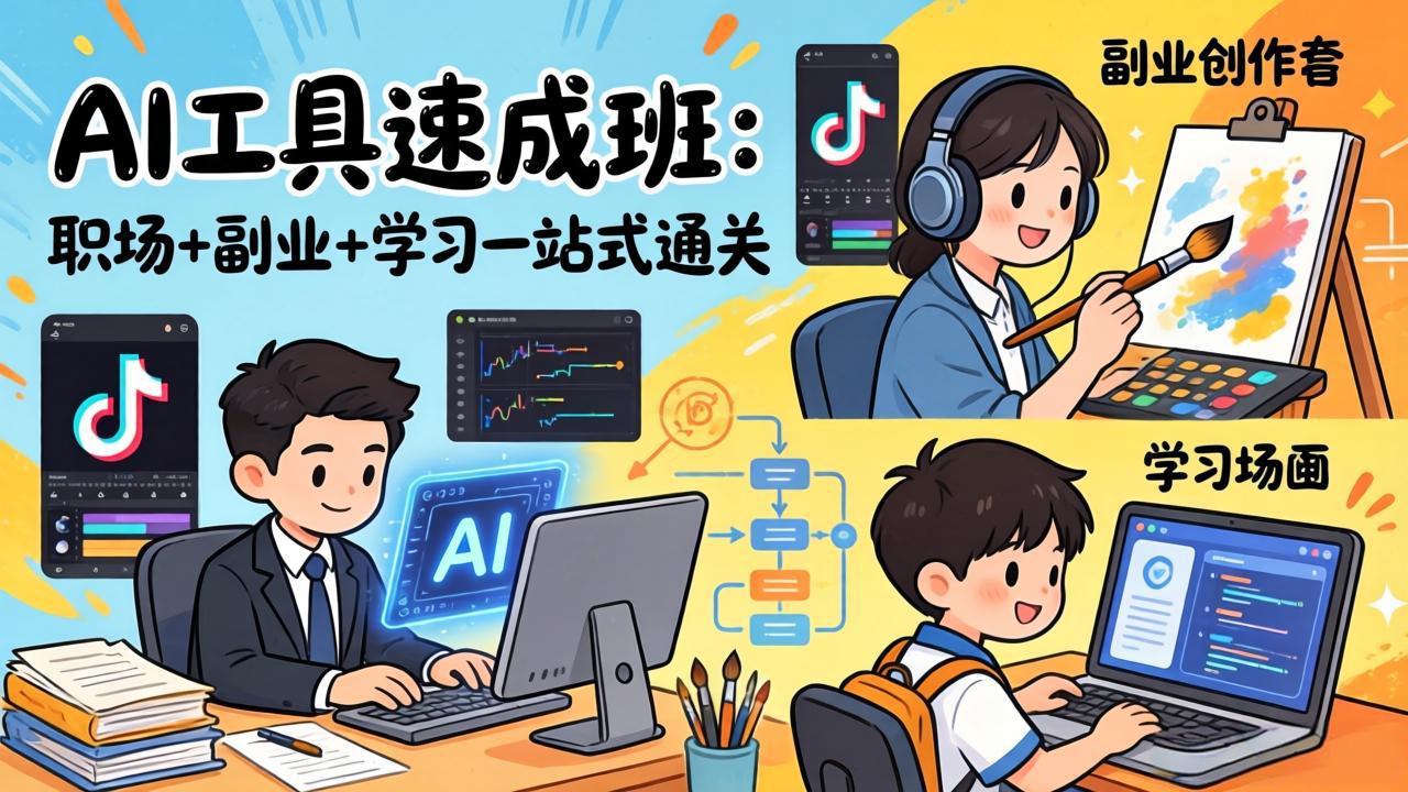 AI工具速成班：职场+副业+学习一站式通关，20+爆款类型+剪映技巧+抖音算法，0基础快速上手 - 来及网络