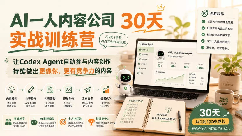 AI一人内容公司30天实战训练营，让Codex Agent自动参与内容创作持续做出更像你、更有竞争力的内容 - 来及网络