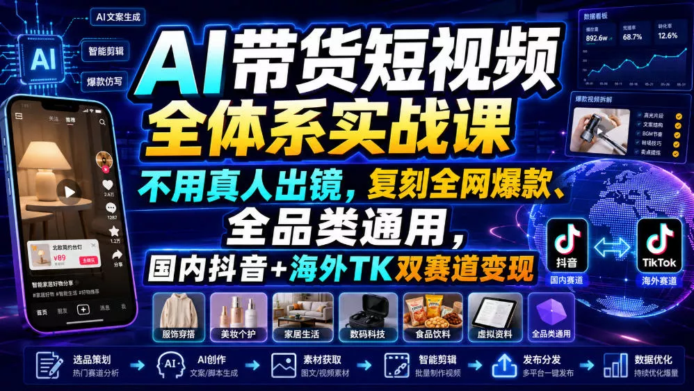 AI带货短视频全体系实战课，不用真人出镜，复刻全网爆款、全品类通用，国内抖音+海外TK双赛道变现 - 来及网络