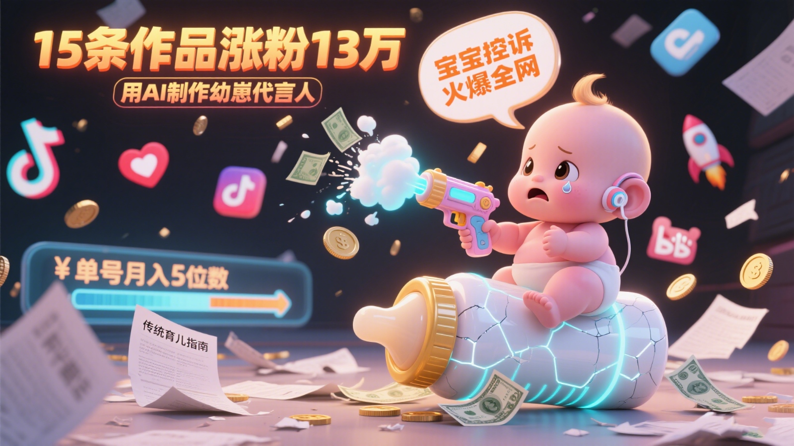 用AI制作幼崽代言人，宝宝的控诉火爆全网，15条作品涨粉13万，单号月入5位数实操教程 - 来及网络