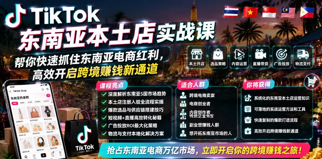 TikTok东南亚本土店实战课，帮你快速抓住东南亚电商红利，高效开启跨境賺钱新通道 - 来及网络