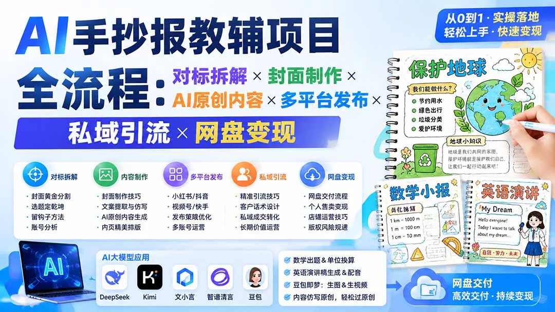 AI手抄报教辅项目全流程：对标拆解×封面制作×AI原创内容×多平台发布×私域引流×网盘变现 - 来及网络