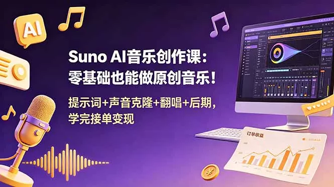 Suno AI音乐创作课：零基础也能做原创音乐！提示词+声音克隆+翻唱+后期，学完接单变现 - 来及网络