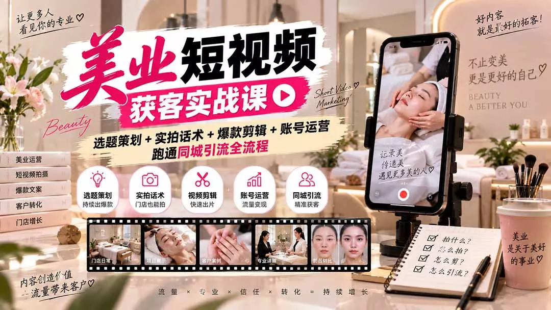 美业短视频获客实战课-无水印：选题策划+实拍话术+爆款剪辑+账号运营，跑通同城引流全流程 - 来及网络