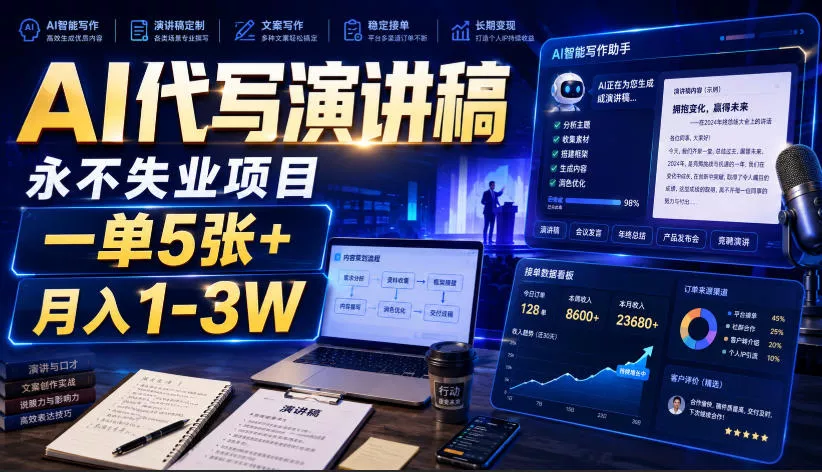 AI代写演讲稿，永不失业项目，一单5张+，月入1-3W【揭秘】 - 来及网络