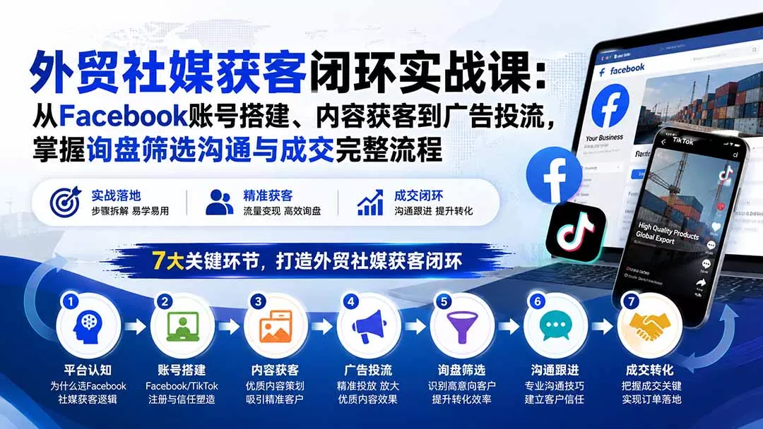 外贸社媒获客闭环实战课：从Facebook账号搭建、内容获客到广告投流，掌握询盘筛选沟通与成交完整流程 - 来及网络