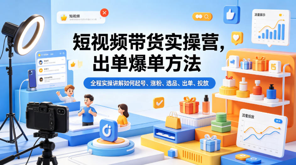 短视频带货实操营，出单爆单方法，全程实操讲解如何起号、涨粉、选品、出单、投放 - 来及网络