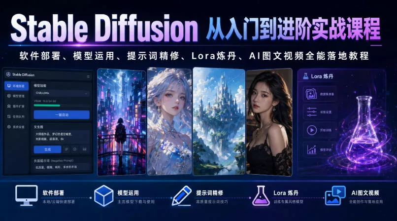 Stable Diffusion从入门到进阶实战课程｜软件部署、模型运用、提示词精修、Lora炼丹、AI图文视频全能落地教程 - 来及网络