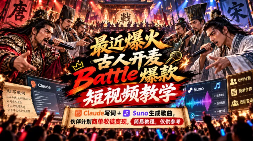 最近爆火古人开麦Battle爆款短视频教学，Claude写词+Suno生成歌曲，伙伴计划商单收徒变现，简易教程，仅供参考 - 来及网络