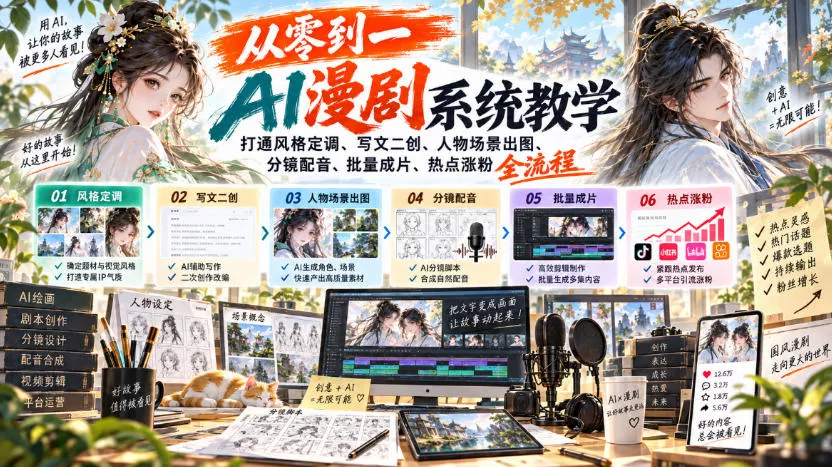 从零到一AI漫剧系统教学，打通风格定调、写文二创、人物场景出图、分镜配音、批量成片、热点涨粉全流程 - 来及网络