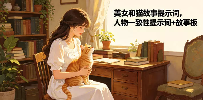 美女和猫故事提示词，人物一致性提示词+故事板 - 来及网络