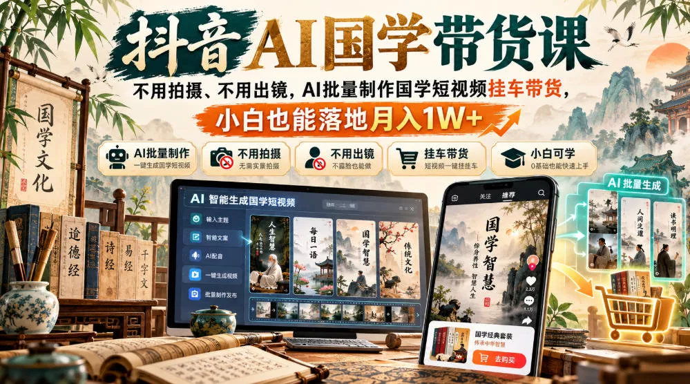 抖音AI国学带货课，不用拍摄、不用出镜，AI批量制作国学短视频挂车带货，小白也能落地月入1W+ - 来及网络