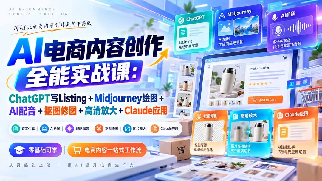 【无水印】AI电商内容创作全能实战课：ChatGPT写Listing+Midjourney绘图+AI配音+抠图修图+高清放大+Claude应用 - 来及网络