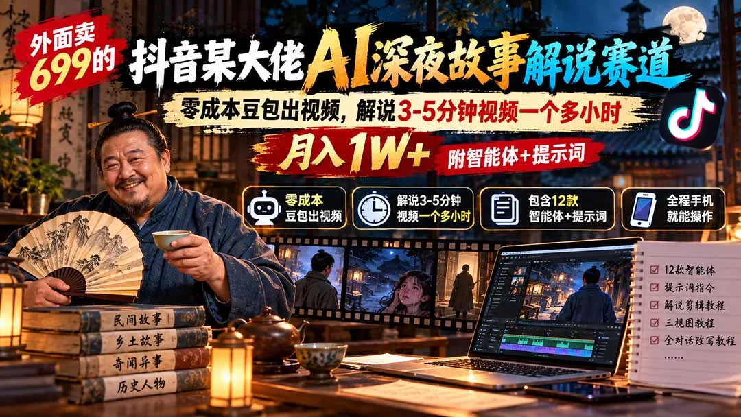 外面卖699的抖音某大佬AI深夜故事解说赛道：零成本豆包出视频，解说3-5分钟视频一个多小时，月入1W+附智能体+提示词 - 来及网络