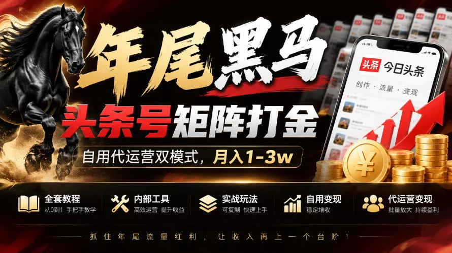 【年尾黑马】头条号矩阵打金，自用代运营双模式，月入1-3w，附全套教程及内部工具【揭秘】 - 来及网络