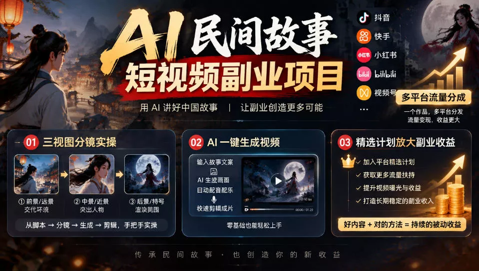 AI民间故事短视频副业项目，多平台流量分成，三视图分镜实操，精选计划放大副业收益 - 来及网络