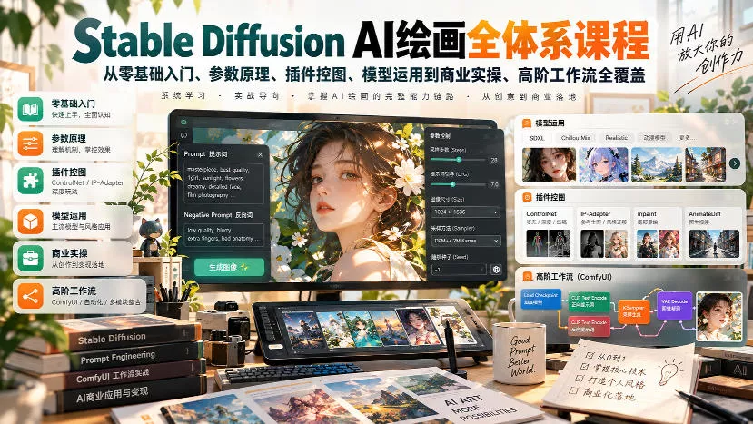 【无水印】Stable Diffusion AI绘画全体系课程，从零基础入门、参数原理、插件控图、模型运用到商业实操、高阶工作流全覆盖 - 来及网络