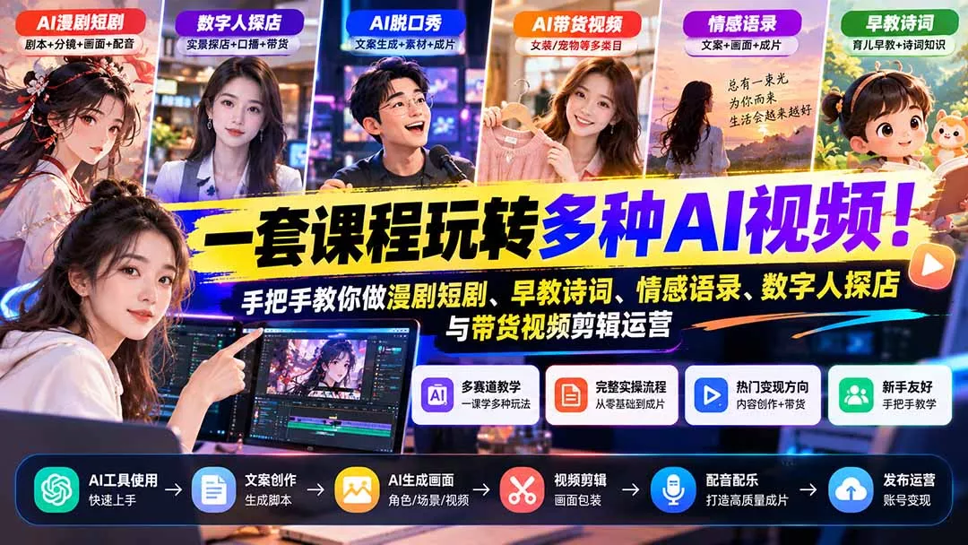 【无水印】一套课程玩转多种AI视频！手把手教你做漫剧短剧、早教诗词、情感语录、数字人探店与带货视频剪辑运营 - 来及网络