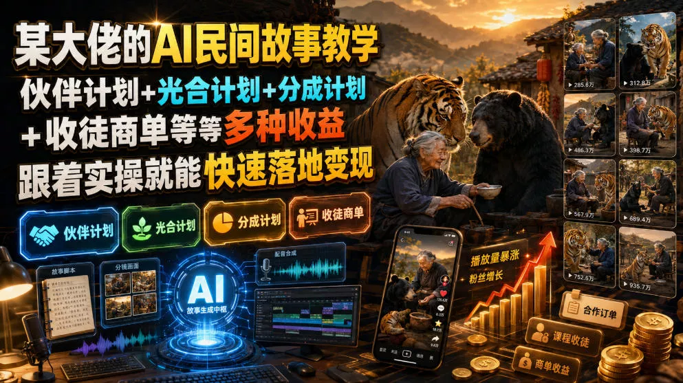 某大佬的AI民间故事教学，伙伴计划+光合计划+分成计划+收徒商单等多种收益，跟着实操就能快速落地变现 - 来及网络