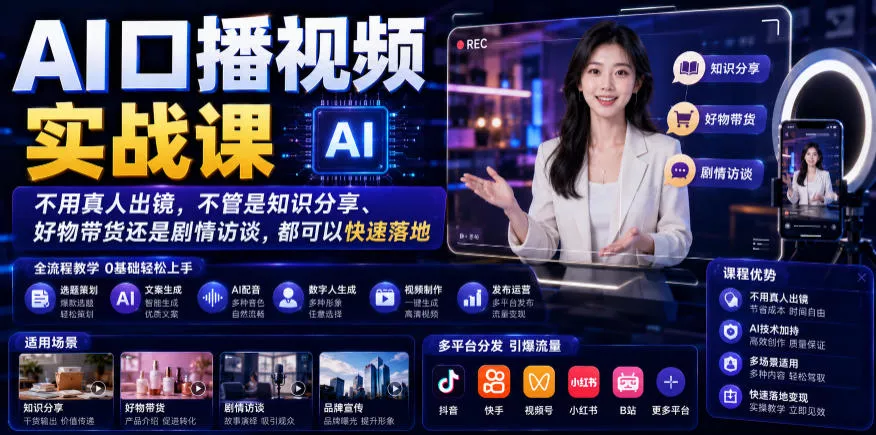 AI口播视频实战课，不用真人出镜，不管是知识分享、好物带货还是剧情访谈，都可以快速落地 - 来及网络