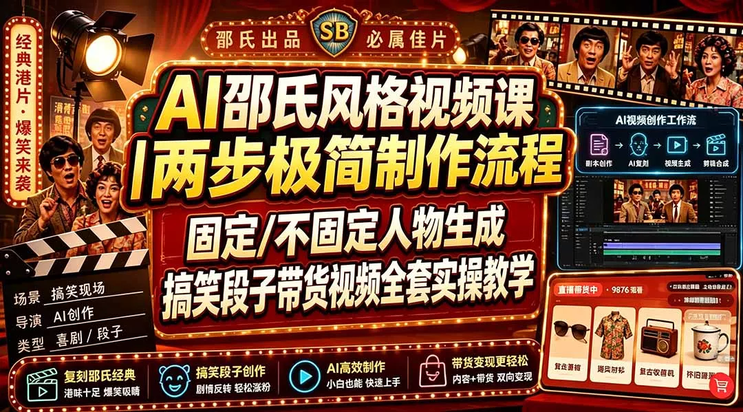 AI邵氏风格视频课｜两步极简制作流程，固定/不固定人物生成，搞笑段子带货视频全套实操教学 - 来及网络