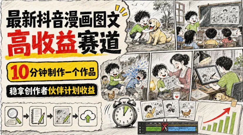 最新抖音漫画图文高收益赛道，10分钟制作一个作品，稳拿创作者伙伴计划收益 - 来及网络