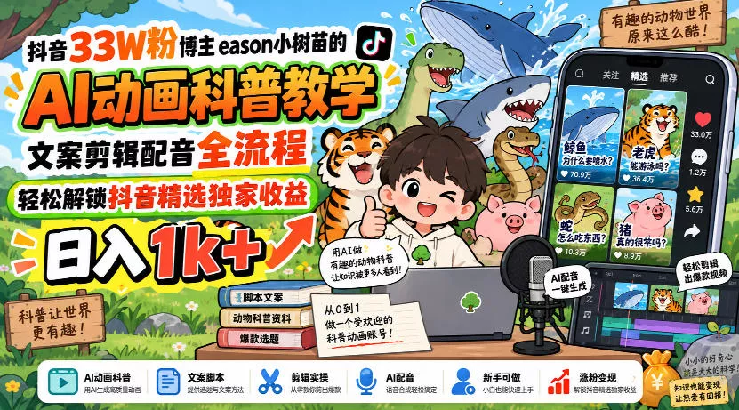 抖音33W粉博主eason小树苗的AI动画科普教学，文案剪辑配音全流程，轻松解锁抖音精选独家收益，日入1k+ - 来及网络