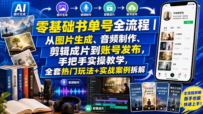 零基础书单号全流程｜从图片生成、音频制作、剪辑成片到账号发布，手把手实操教学，全套热门玩法+实战案例拆解 - 来及网络