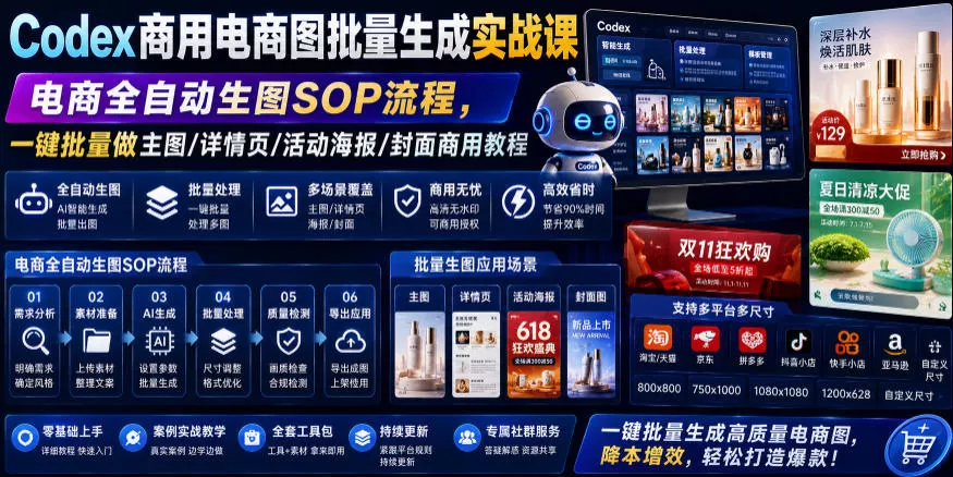 Codex商用电商图批量生成实战课｜电商全自动生图SOP流程，一键批量做主图/详情页/活动海报/封面商用教程 - 来及网络