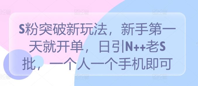 S粉突破新玩法，新手第一天就开单，日引N++老S批，一个人一个手机即可【揭秘】 - 来及网络