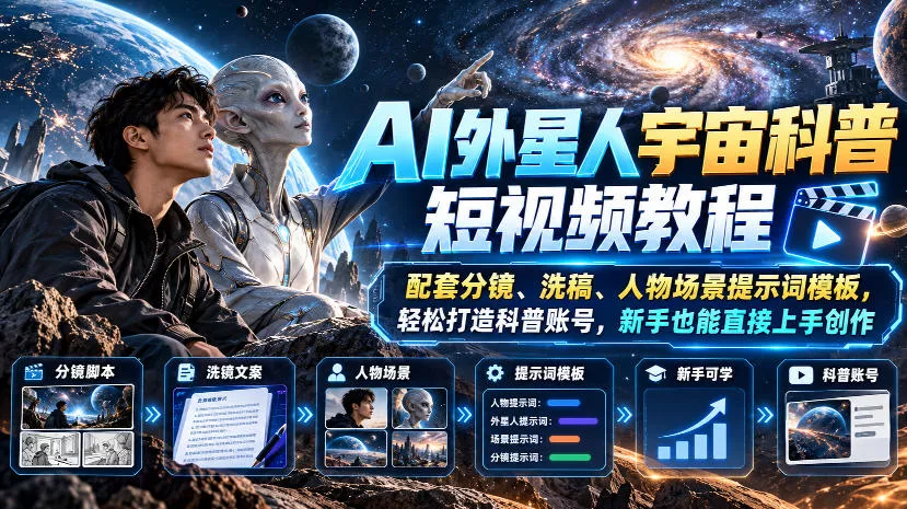 AI外星人宇宙科普短视频教程，配套分镜、洗稿、人物场景提示词模板，轻松打造科普账号，新手也能直接上手创作 - 来及网络