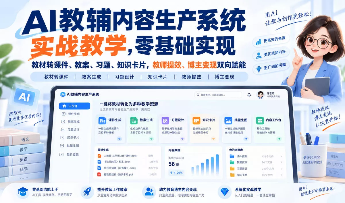 AI教辅内容生产系统实战教学，零基础实现教材转课件、教案、习题、知识卡片，教师提效、博主变现双向赋能 - 来及网络